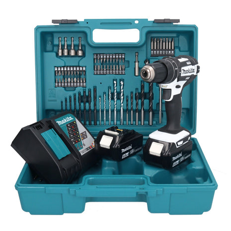 Taladro percutor inalámbrico Makita DHP 482 RGX1W 18 V 62 Nm + 2x baterías 6,0 Ah + cargador + set de accesorios 74 piezas + estuche