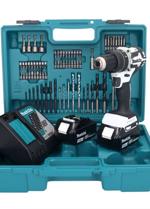 Makita DHP 484 RFX1W Akku Schlagbohrschrauber 18 V 54 Nm Brushless Weiß + 2x Akku 3,0 Ah + Ladegerät + 74 tlg. Zubehörset + Koffer