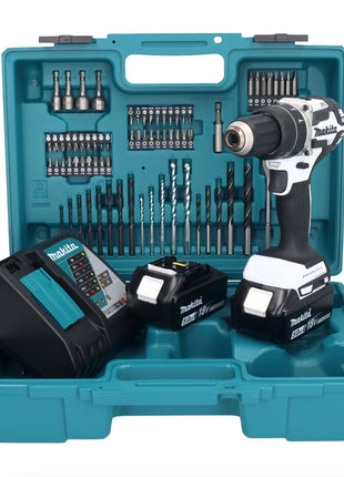 Makita DHP 484 RTX1W Perceuse-visseuse à percussion sans fil 18 V 54 Nm brushless blanc + 2x Batteries 5,0 Ah + Chargeur + Set d'accessoires - 74 pièces + Coffret