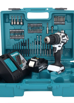 Makita DHP 484 RG1X1W Akku Schlagbohrschrauber 18 V 54 Nm Brushless Weiß + 1x Akku 6,0 Ah + Ladegerät + 74 tlg. Zubehörset + Koffer