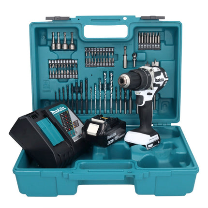 Makita DHP 484 RG1X1W Akku Schlagbohrschrauber 18 V 54 Nm Brushless Weiß + 1x Akku 6,0 Ah + Ladegerät + 74 tlg. Zubehörset + Koffer