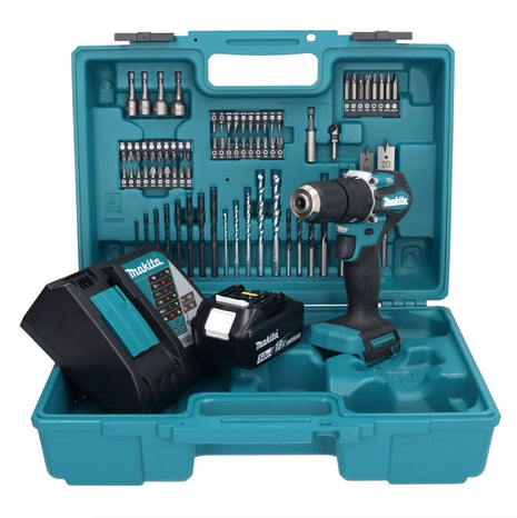 Makita DHP 487 RT1X1 18 V Perceuse-visseuse à percussion sans fil 40 Nm sans balai + 1x Batterie 5,0 Ah + Chargeur + Set d'accessoires - 74 pièces + Mallette