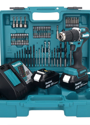 Makita DHP 487 RTX1 18 V Perceuse-visseuse à percussion sans fil 40 Nm sans balai + 2x Batteries 5,0 Ah + Chargeur + kit d'accessoires - 74 pièces + Mallette