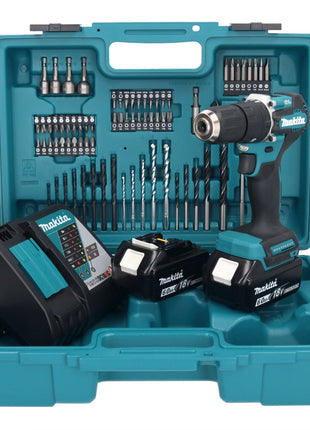 Makita DHP 487 RGX1 Akku Schlagbohrschrauber 18 V 40 Nm Brushless + 2x Akku 6,0 Ah + Ladegerät + 74 tlg. Zubehörset + Koffer