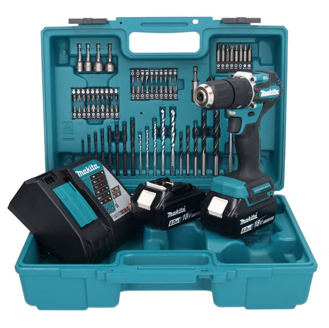 Makita DHP 487 RGX1 Akku Schlagbohrschrauber 18 V 40 Nm Brushless + 2x Akku 6,0 Ah + Ladegerät + 74 tlg. Zubehörset + Koffer