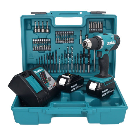 Makita DDF 453 RFX1 Perceuse-visseuse sans fil 18 V 42 Nm + 2x Batteries 3,0 Ah + Chargeur + kit d'accessoires - 74 pièces + Mallette