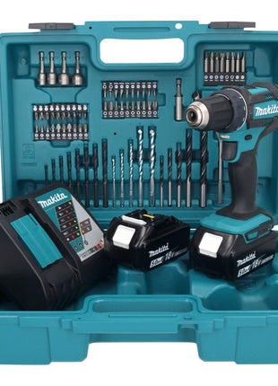 Makita DDF 482 RTX1 taladro atornillador inalámbrico 18 V 62 Nm + 2x baterías 5,0 Ah + cargador + set de accesorios 74 piezas + maletín