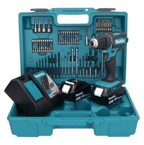 Makita DDF 482 RTX1 Perceuse-visseuse sans fil 18 V 62 Nm + 2x Batteries 5,0 Ah + Chargeur + kit d'accessoires - 74 pièces + Mallette