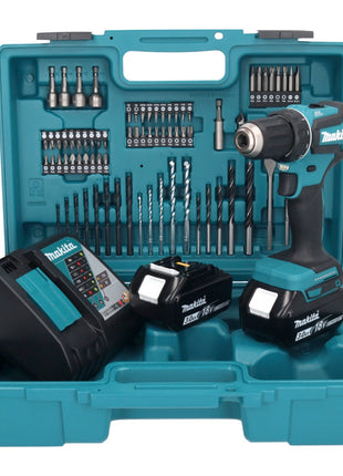 Makita DDF 485 RFX1 Perceuse-visseuse sans fil 18 V 50 Nm sans balais + 2x Batteries 3,0 Ah + Chargeur + kit d'accessoires - 74 pièces + Mallette