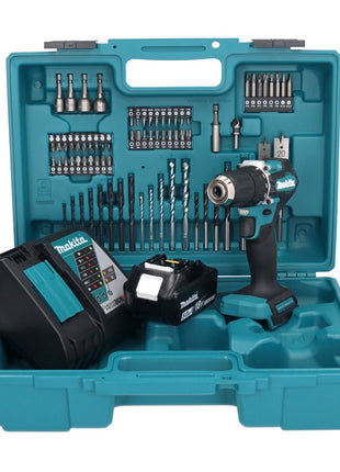 Makita DDF 487 RT1X1 Akku Bohrschrauber 18 V 40 Nm Brushless + 1x Akku 5,0 Ah + Ladegerät + 74 tlg. Zubehörset + Koffer