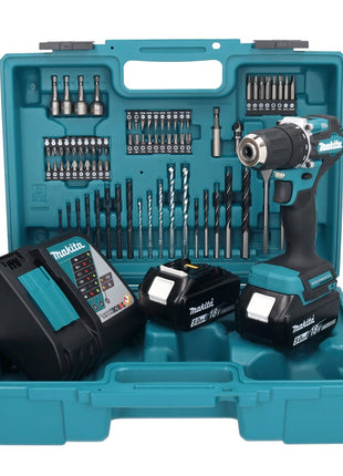 Makita DDF 487 RTX1 Akku Bohrschrauber 18 V 40 Nm Brushless + 2x Akku 5,0 Ah + Ladegerät + 74 tlg. Zubehörset + Koffer