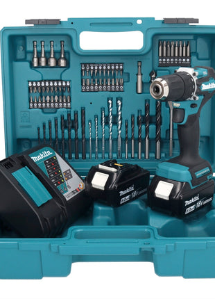 Makita DDF 487 RGX1 taladro atornillador inalámbrico 18 V 40 Nm sin escobillas + 2 baterías 6,0 Ah + cargador + set de accesorios 74 piezas + maletín