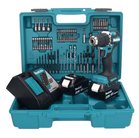 Makita DDF 487 RGX1 taladro atornillador inalámbrico 18 V 40 Nm sin escobillas + 2 baterías 6,0 Ah + cargador + set de accesorios 74 piezas + maletín