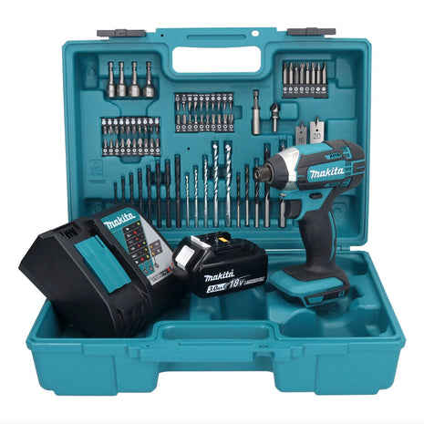 Makita DTD152F1X1 Visseuse à percussion sans fil 165Nm 18V 1/4" + 1x Batterie 3,0Ah + Chargeur + Coffret + Set d'accessoires, 74 pcs.