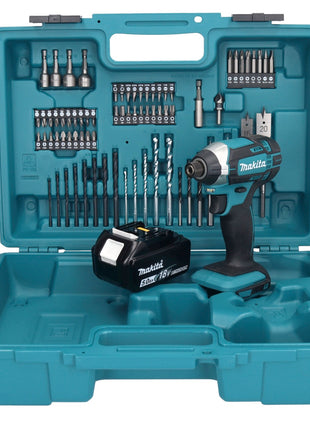 Llave de impacto a batería Makita DTD 152 T1X1 18 V 165 Nm 1/4" + 1x batería 5,0 Ah + set de accesorios 74 piezas + maletín - sin cargador