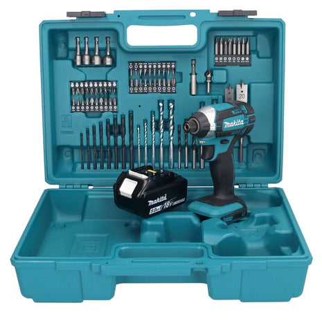 Llave de impacto a batería Makita DTD 152 T1X1 18 V 165 Nm 1/4" + 1x batería 5,0 Ah + set de accesorios 74 piezas + maletín - sin cargador