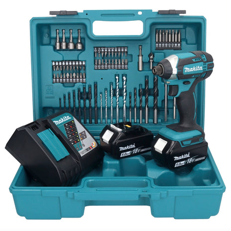 Makita DTD152F1X1 Visseuse à percussion sans fil 165Nm 18V 1/4" + 2x Batteries 5,0Ah + Chargeur + Coffret + Set d'accessoires, 74 pcs.