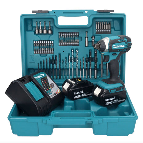 Llave de impacto a batería Makita DTD 152 RGX1 18 V 165 Nm 1/4" + 2x baterías 6,0 Ah + cargador + set de accesorios 74 piezas + estuche