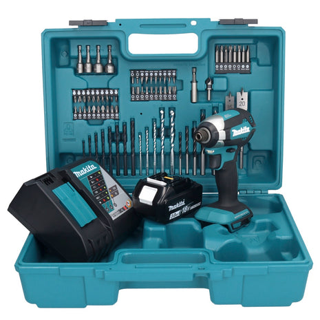 Makita DTD 153 RF1X1 llave de impacto a batería 18 V 170 Nm 1/4" sin escobillas + 1x batería 3,0 Ah + cargador + set de accesorios 74 piezas + estuche