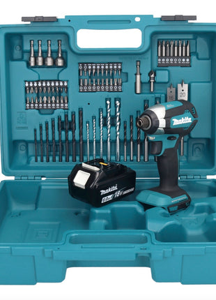 Makita DTD 153 G1X1 llave de impacto a batería 18 V 170 Nm 1/4" sin escobillas + 1x batería 6,0 Ah + set de accesorios 74 piezas + maletín - sin cargador