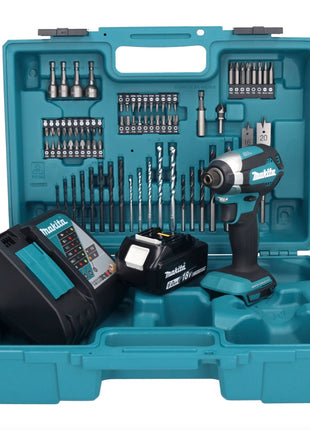 Makita DTD 153 RG1X1 Llave de impacto a batería 18 V 170 Nm 1/4" sin escobillas + 1x batería 6,0 Ah + cargador + set de accesorios 74 piezas + estuche