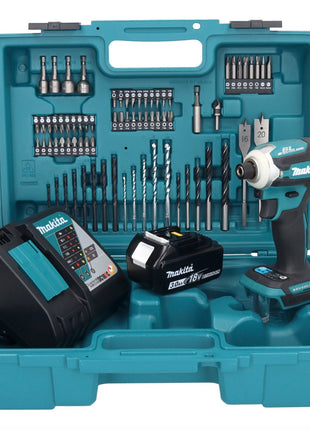 Makita DTD 171 RF1X1 llave de impacto a batería 18 V 180 Nm 1/4" sin escobillas + 1x batería 3,0 Ah + cargador + set de accesorios 74 piezas + estuche