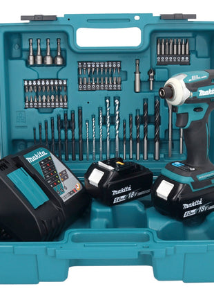 Makita DTD 171 RTX1 llave de impacto inalámbrica 18 V 180 Nm 1/4" sin escobillas + 2x baterías 5,0 Ah + cargador + set de accesorios 74 piezas + estuche