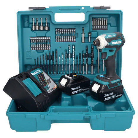 Makita DTD 171 RTX1 llave de impacto inalámbrica 18 V 180 Nm 1/4" sin escobillas + 2x baterías 5,0 Ah + cargador + set de accesorios 74 piezas + estuche