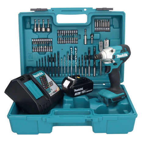 Makita DTD 156 RF1X1 llave de impacto a batería 18 V 155 Nm 1/4" + 1x batería 3,0 Ah + cargador + set de accesorios 74 piezas + estuche