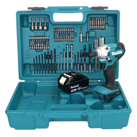 Makita DTD156T1X1 Visseuse à percussion sans fil 155Nm 18V 1/4" + 1x Batterie 5,0Ah + Chargeur + Coffret + Set d'accessoires, 74 pcs.