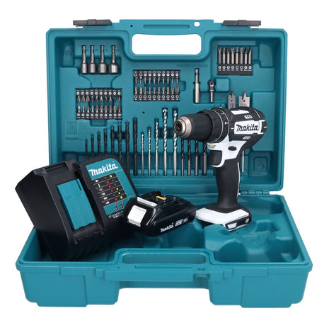 Makita DHP 482 SY1X1W Akku Schlagbohrschrauber 18 V 62 Nm + 1x Akku 1,5 Ah + Ladegerät + 74 tlg. Zubehörset + Koffer