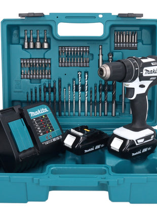 Makita DHP 482 SYX1W Akku Schlagbohrschrauber 18 V 62 Nm + 2x Akku 1,5 Ah + Ladegerät + 74 tlg. Zubehörset + Koffer