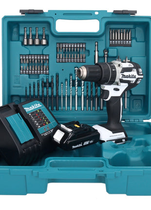 Makita DHP 484 SY1X1W perceuse à percussion sans fil 18 V 54 Nm sans balais blanc + 1 batterie 1,5 Ah + chargeur + jeu d'accessoires 74 pièces + mallette