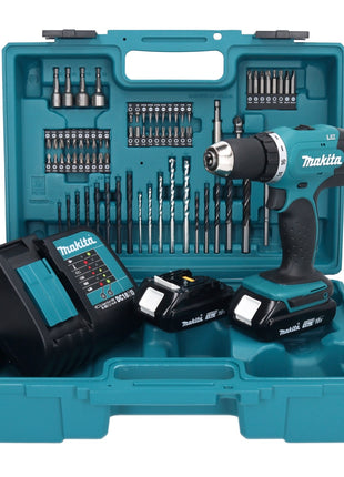 Makita DDF 453 SYX1 taladro atornillador inalámbrico 18 V 42 Nm + 2x baterías 1,5 Ah + cargador + set de accesorios 74 piezas + maletín