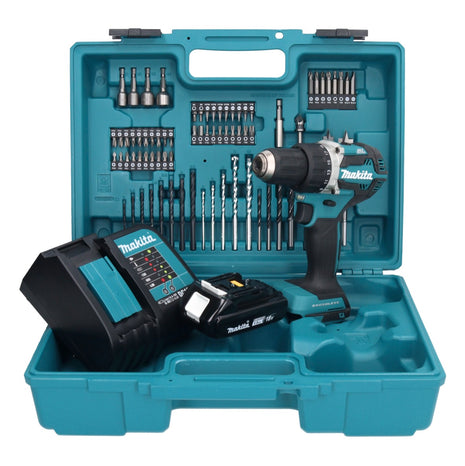 Makita DDF 484 SY1X1 taladro atornillador inalámbrico 18 V 54 Nm + 1x batería 1,5 Ah + cargador + set de accesorios 74 piezas + estuche