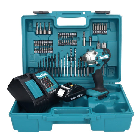 Makita DTD 156 SY1X1 Llave de impacto a batería 18 V 155 Nm 1/4" + 1x batería 1,5 Ah + cargador + set de accesorios 74 piezas + estuche