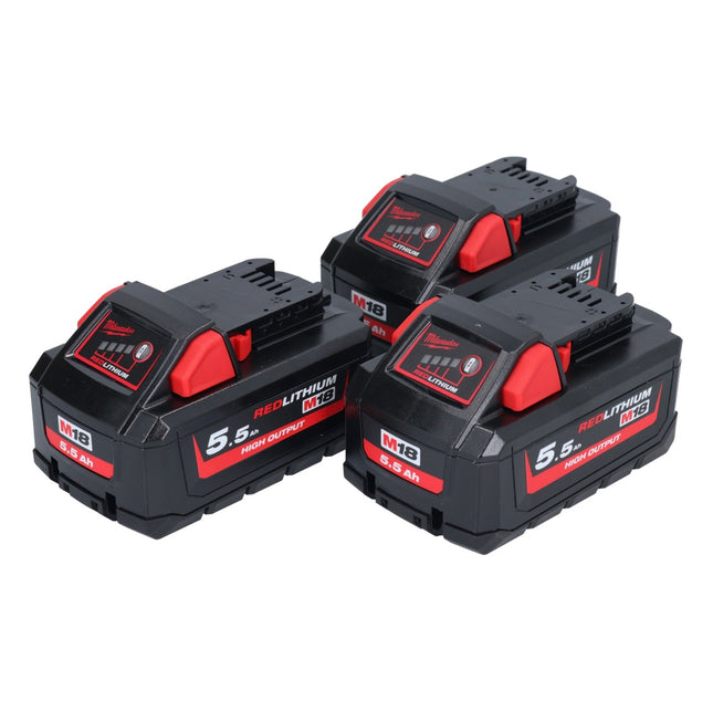 Set di batterie Milwaukee M18 HB 5.5 3x 18 V 5.5 Ah / 5500 mAh Li-Ion High Output ( 3x 4932464712 ) con indicatore del livello di carica