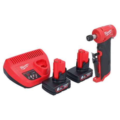 Milwaukee M12 FDGA-602 Szlifierka prosta kątowa 12 V 6/8 mm bezszczotkowa + 2x akumulator 6,0 Ah + ładowarka