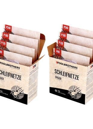 Toolbrothers SPIDER Schleifset Netzschleifmittel 2 Packungen 80x Schleifnetze 125mm Klett je 20x P80 / P120 / P180 / 240 für Hartholz, Weichholz, Lack, Stein, Stahl, Aluminium, Furnier - Toolbrothers