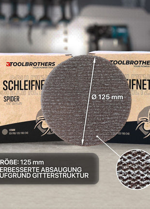 Toolbrothers SPIDER Schleifset Netzschleifmittel 4 Packungen 160x Schleifnetze 125mm Klett je 40x P80 / P120 / P180 / 240 für Hartholz, Weichholz, Lack, Stein, Stahl, Aluminium, Furnier - Toolbrothers