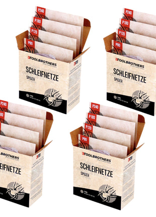 Toolbrothers SPIDER Schleifset Netzschleifmittel 4 Packungen 160x Schleifnetze 125mm Klett je 40x P80 / P120 / P180 / 240 für Hartholz, Weichholz, Lack, Stein, Stahl, Aluminium, Furnier - Toolbrothers