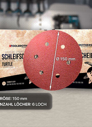 Toolbrothers TURTLE Schleifset 4 Packungen 240x Schleifscheiben 150 mm Klett 6 Loch  je 40x P40 / P60 / P80 / P120 / P180 / P240 für Hartholz, Weichholz, Lack, Stein, Stahl, Aluminium, Furnier - Toolbrothers