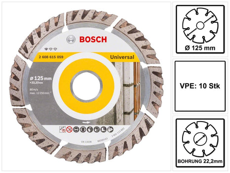 Bosch Standard per disco diamantato universale 125 x 22,23 mm 10 pezzi ( 2608615060 ) per calcestruzzo, acciaio-calcestruzzo, mattoni, calce e arenaria