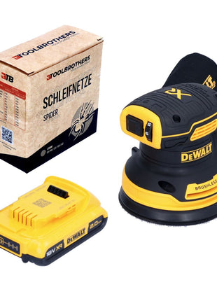 DeWalt DCW 210 N Akku Exzenterschleifer 18 V 125 mm Brushless + 1x Akku 2,0 Ah + 1x Toolbrothers SPIDER Schleifnetz Set - ohne Ladegerät - Toolbrothers