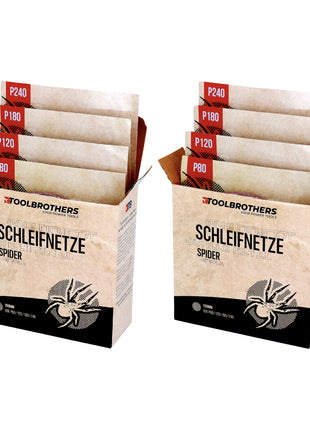 Toolbrothers SPIDER Schleifset Netz 150 mm 2 Packungen 80x Schleifnetze Klett je 20x P80 / P120 / P180 / P240 für Hartholz, Weichholz, Lack, Stein, Stahl, Aluminium, Furnier - Toolbrothers