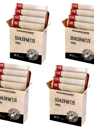 Toolbrothers SPIDER Schleifset Netz 150 mm 4 Packungen 160x Schleifnetze Klett je 40x P80 / P120 / P180 / 240 für Hartholz, Weichholz, Lack, Stein, Stahl, Aluminium, Furnier - Toolbrothers