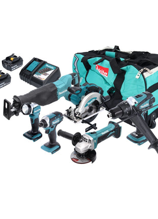 Makita DLX 6046 Akku Kombo Kit 18 V DGA 452 + DHP 458 + DJR 186 + DML 802 + DSS 610 + DTD 152 + 3x Akku 3,0 Ah + Ladegerät + Tasche