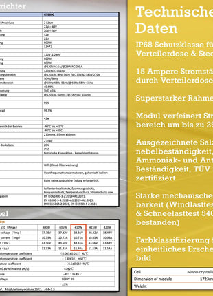 820W/600W Balkonkraftwerk Photovoltaikanlage, 2x Photovoltaik-Modul ( 2x 410W ) + Wechselrichter ( 600W ) mit WiFi-Funktion Steckerfertig Schwarz - Toolbrothers