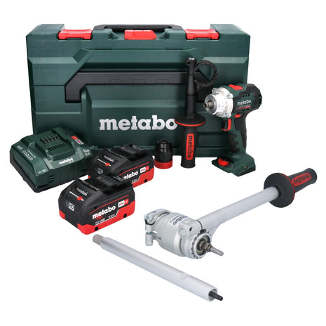 Taladro atornillador de batería Metabo BS 18 LTX BL QI 18 V 130 Nm sin escobillas (602359770) + 2 baterías de 5,5 Ah + cargador + adaptador dinamométrico PowerX3 + metaBOX