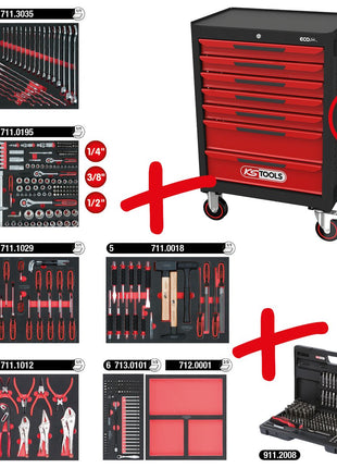 Carro de taller KS TOOLS ECOline NEGRO/ROJO con 7 cajones y 598 herramientas premium (897.7598)